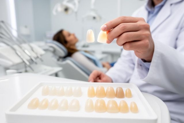 Dentist comparing porcelain veneer shade tabs to a patient's teeth while the patient reclines in the exam chair.