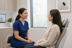 Dental clinician consulting with patient in modern clinic chair, discussing denture options.