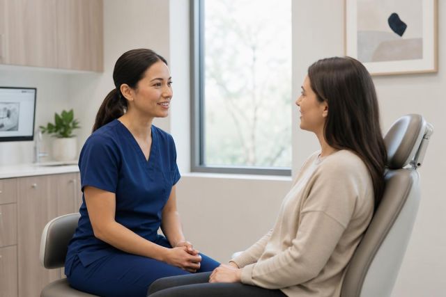 Dental clinician consulting with patient in modern clinic chair, discussing denture options.