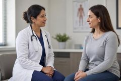 Doctor consulting calmly with patient in a clinical exam room, discussing health concerns.