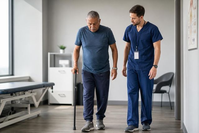 Older patient practicing walking with cane while clinician supervises in a calm rehabilitation clinic.