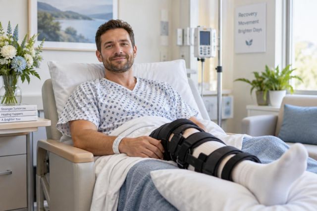 Male patient reclining in hospital room with knee brace, bedside IV and flowers.
