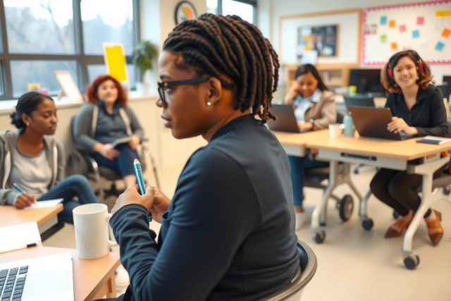A group of diverse individuals in a conference room, engaged in discussion. A woman with glasses is sitting at the center, leading the conversation with her hand, while others actively participate. The office setting has whiteboards and various tech devices, indicating a collaborative workspace.