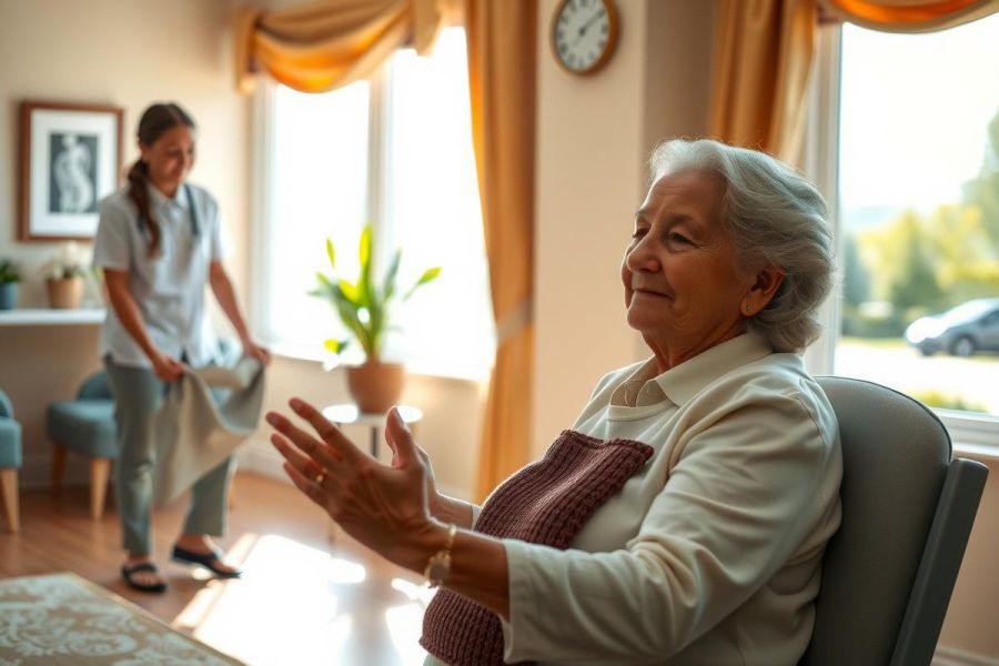 Elderly woman sits in a living room, smiling and gesturing. A caregiver stands nearby. Warm lighting and a comfortable setting create a sense of care and connection.