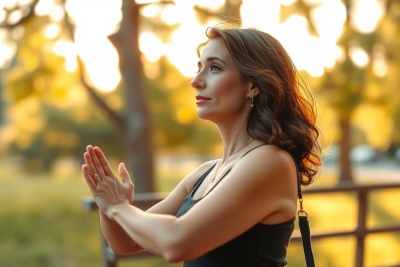 A woman in a park is practicing yoga or meditation. She's wearing a black top and has her hands together in prayer position, possibly indicating mindfulness or relaxation.