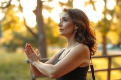 A woman in a park is practicing yoga or meditation. She's wearing a black top and has her hands together in prayer position, possibly indicating mindfulness or relaxation.