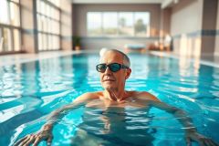 Senior man swimming in an indoor pool. Blue water, sunlight streaming through large windows. Active senior lifestyle, healthy aging, water exercise, wellness. Focus on a fit, older man enjoying aquatic activity.