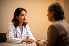 Female clinician listens attentively to an older patient during a private medical consultation in a calm exam room.