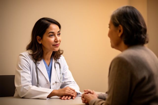 Female clinician listens attentively to an older patient during a private medical consultation in a calm exam room.