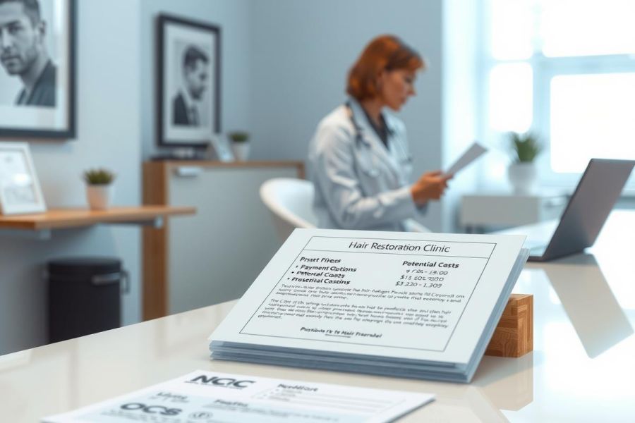 Doctor in a clinic examining documents at a desk. The environment features a modern, bright workspace with a laptop and plants. The image conveys a professional and healthcare setting.
