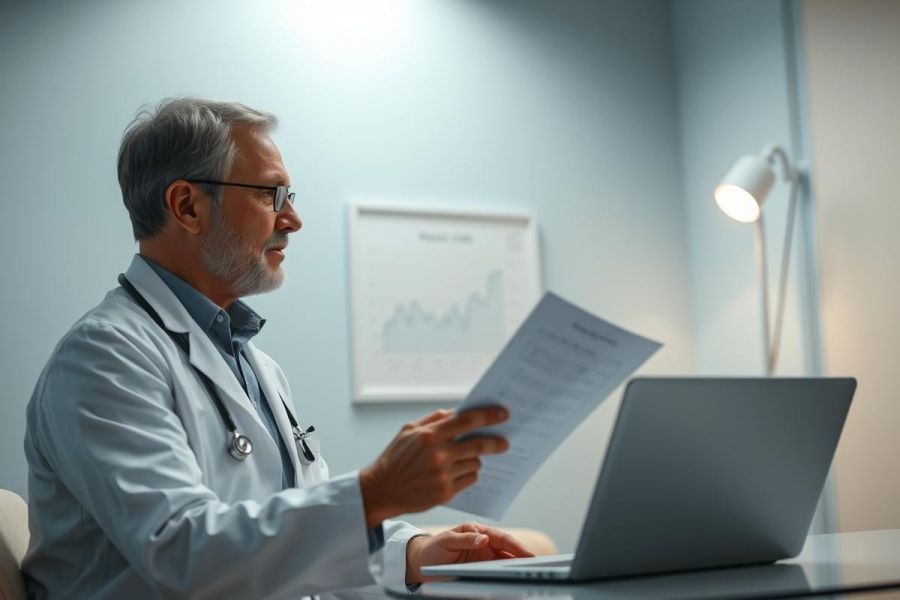 Doctor reviewing medical documents and a laptop in a modern office. The image features a male physician in a white coat, glasses, and stethoscope, with a blue-toned environment and a graph visible on the wall. Healthcare, medicine, and technology themes.