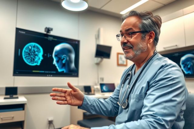 A doctor in a blue scrubs examines a brain scan on a monitor in a medical office. He is looking at the image with a concerned expression, suggesting a diagnostic review.