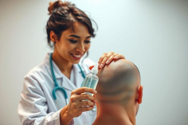 Doctor examining patient's head with a stethoscope and medical spray. Healthcare professional in a white coat, performing a check-up. Medical examination, healthcare setting.