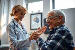 Doctor examines an elderly patient's. Healthcare professional providing medical assessment in a bright, modern setting. Focus on patient care and wellness. Blue coat, plaid shirt, warm lighting.