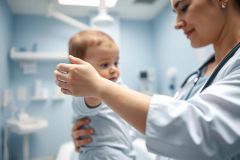 A caring pediatrician examines a baby in a bright, clean examination room. The scene features a female doctor in a white coat, gently checking the child's arm. Soft blue tones dominate the room's color palette, creating a calming medical environment. Focuses on healthcare, child wellness, and doctor-patient interaction.