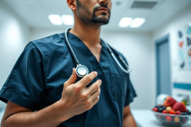 A healthcare professional in a blue scrubs and stethoscope examines a patient in a modern hospital setting. A bowl of fresh fruit sits nearby, suggesting a focus on wellness and healthy living. The image conveys medical care and well-being.