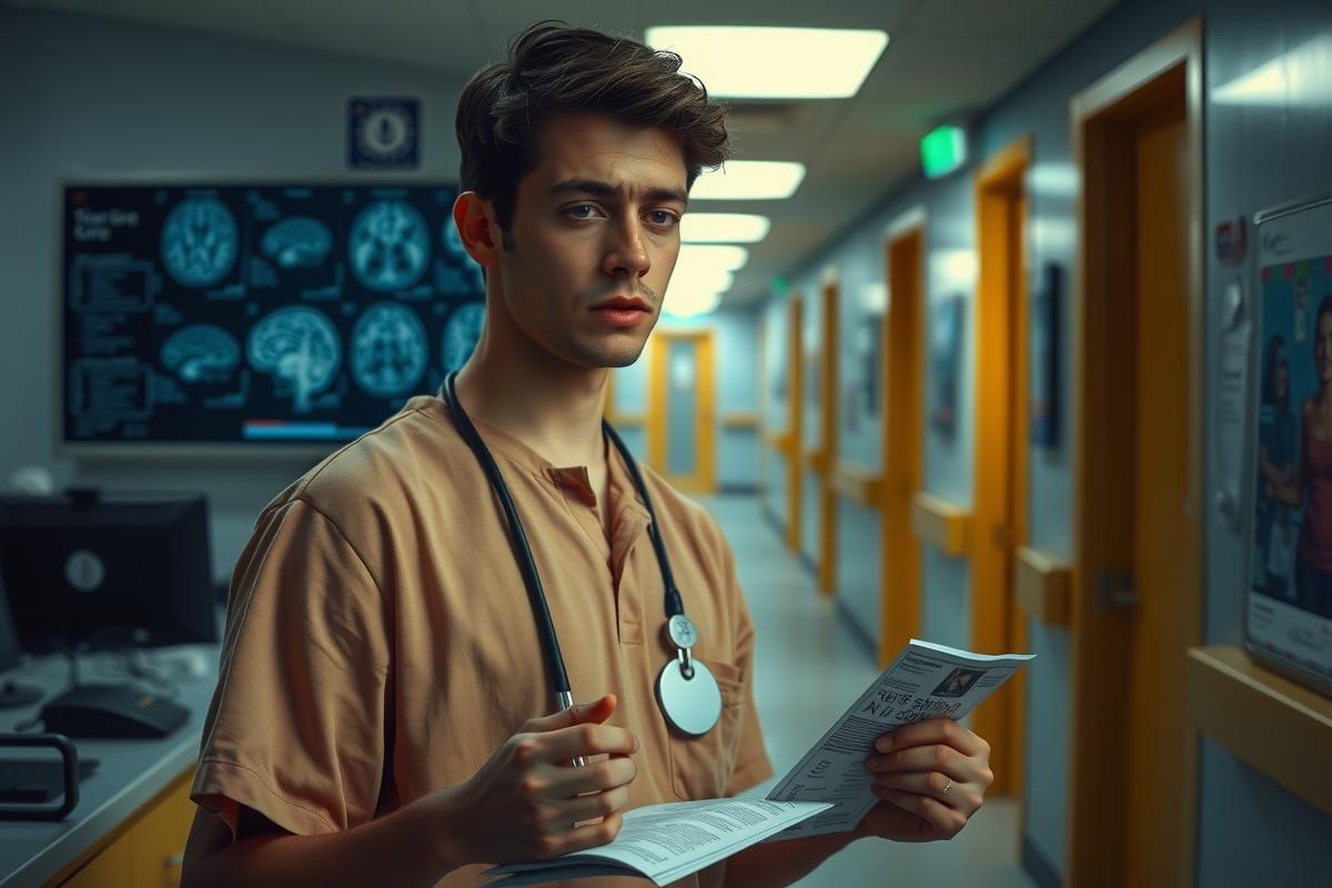 The image portrays a young man dressed in medical scrubs, standing in the hallway of a hospital. He is holding a clipboard and appears to be examining or discussing patient information.
