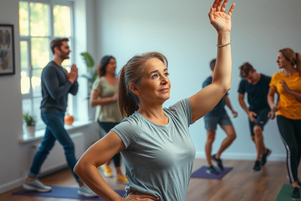 This image captures a lively group fitness class in progress. A woman with raised arms is likely the instructor, demonstrating an exercise to her students. The group consists of individuals engaged in various physical activities typical of a workout session.