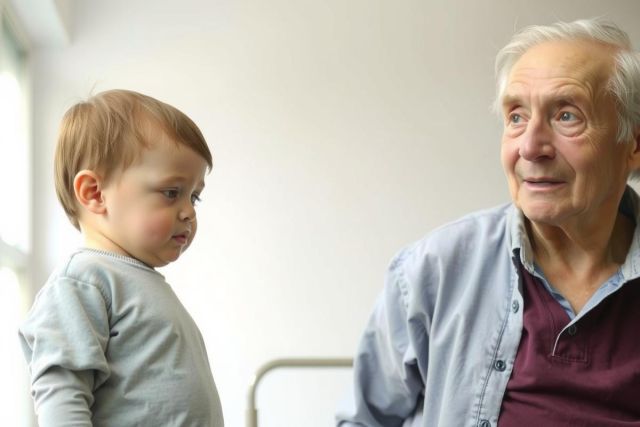 The image is a candid photograph of an older man and a young child, possibly a grandfather and his grandchild.