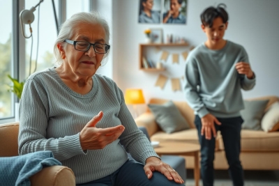 The image shows an elderly woman and a young boy in what appears to be a living room. The older woman, wearing glasses, has her hands clasped together on the couch as if she's listening or speaking with the boy. 