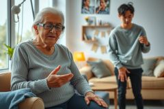 The image shows an elderly woman and a young boy in what appears to be a living room. The older woman, wearing glasses, has her hands clasped together on the couch as if she's listening or speaking with the boy. 