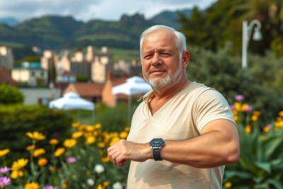 An older man, wearing a beige shirt and black watch, stands with his hands on his hips in an outdoor setting. He is surrounded by colorful flowers and greenery. 