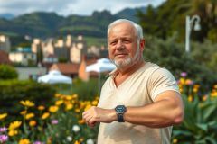 An older man, wearing a beige shirt and black watch, stands with his hands on his hips in an outdoor setting. He is surrounded by colorful flowers and greenery. 