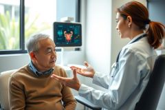 Doctor examining a patient in a medical office. Ultrasound equipment visible in the background. Healthcare consultation, medical checkup, and patient care are key elements.