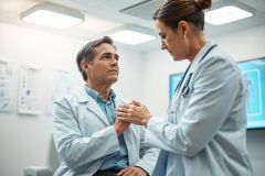 Doctor examining a patient in a modern clinic. A female physician in a white coat listens to a male patient's heart while seated. Healthcare, medical consultation, and wellness themes are prominent in this professional setting.
