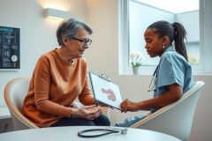 Doctor discusses medical report with patient in a brightly lit office. The scene includes a clipboard, stethoscope, and a focus on healthcare communication.