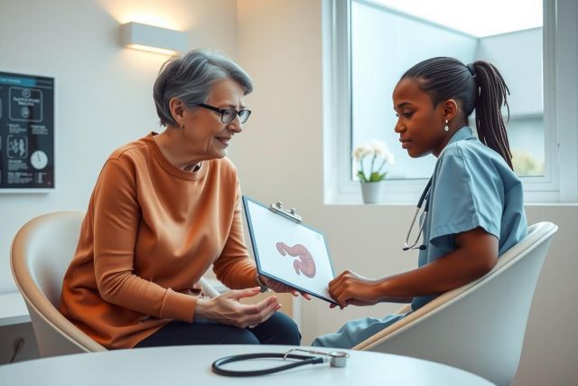 Doctor discusses medical report with patient in a brightly lit office. The scene includes a clipboard, stethoscope, and a focus on healthcare communication.