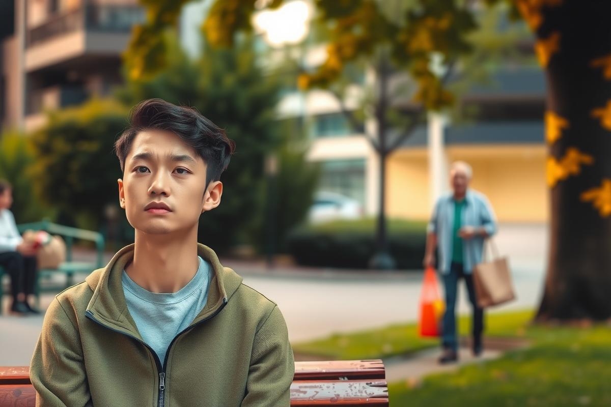 The image features a young man sitting on a park bench, looking off into the distance. He is wearing casual attire and has short hair. In the background, there are trees, indicating an outdoor setting possibly in a park or public space during evening or twilight, as suggested by the subdued lighting.