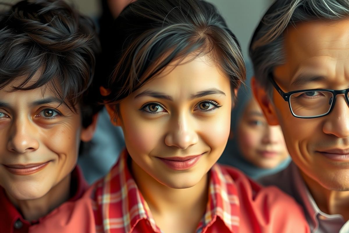 The image features a group of four individuals, three females and one male. They are looking directly at the camera with neutral expressions on their faces. The setting appears to be indoors, possibly an office environment, indicated by the blurred background that suggests it might be a professional or corporate space.