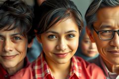 The image features a group of four individuals, three females and one male. They are looking directly at the camera with neutral expressions on their faces. The setting appears to be indoors, possibly an office environment, indicated by the blurred background that suggests it might be a professional or corporate space.