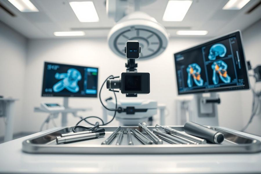 Surgical instruments on a sterile tray in a modern operating room. Medical monitors display scans, illuminated by overhead lighting. A robotic camera sits center frame, showcasing advanced healthcare technology and a clean, clinical environment. Focus on precision and innovation.