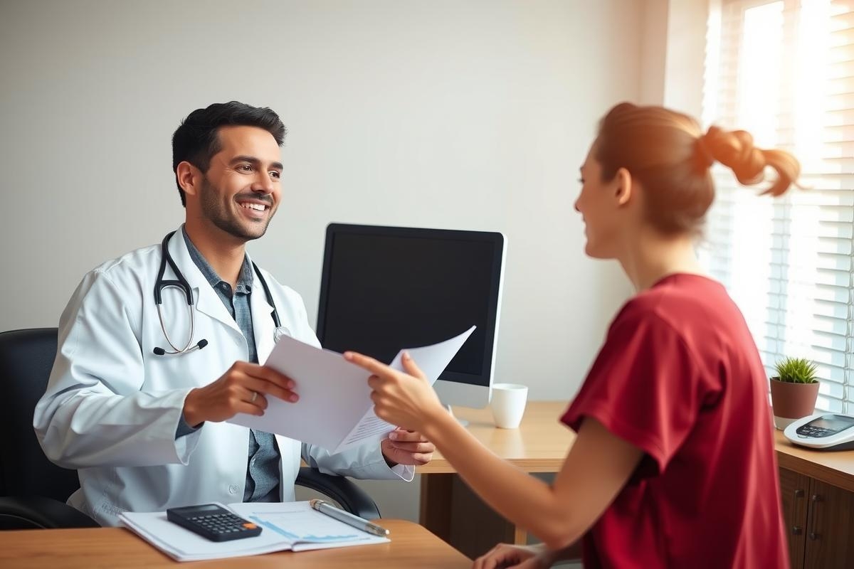 In the image, there is a male doctor in a white coat and a female patient in a red t-shirt. They are seated opposite each other at a desk with medical files spread out. The doctor appears to be engaged in conversation with the patient, indicating a consultation or discussion.