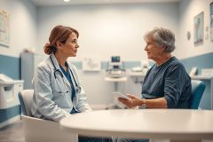Doctor consults with an elderly patient in a bright, modern clinic. The scene depicts a healthcare consultation, featuring a female doctor in scrubs and a senior woman. Blue and white tones dominate the room, creating a calm medical environment. Focus on patient care and senior health.