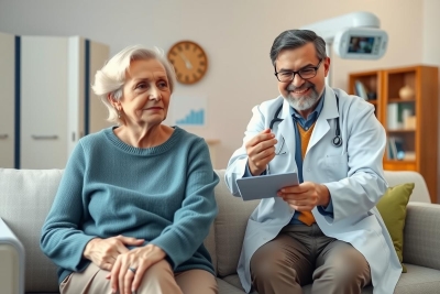 This image portrays an older woman sitting on a couch, engaged in conversation with a healthcare professional who is standing by her side. The setting appears to be indoors within a doctor's office or clinic environment.