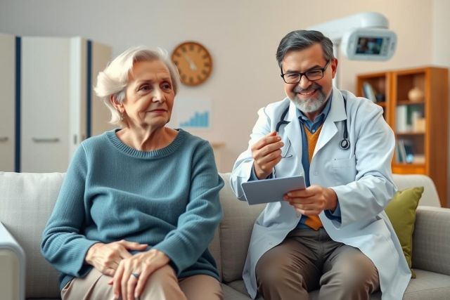 This image portrays an older woman sitting on a couch, engaged in conversation with a healthcare professional who is standing by her side. The setting appears to be indoors within a doctor's office or clinic environment.