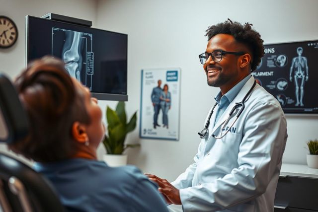 Doctor in a clinic, examining a patient. White coat, stethoscope, medical environment. Diagnostic image visible on screen. Healthcare and consultation theme.