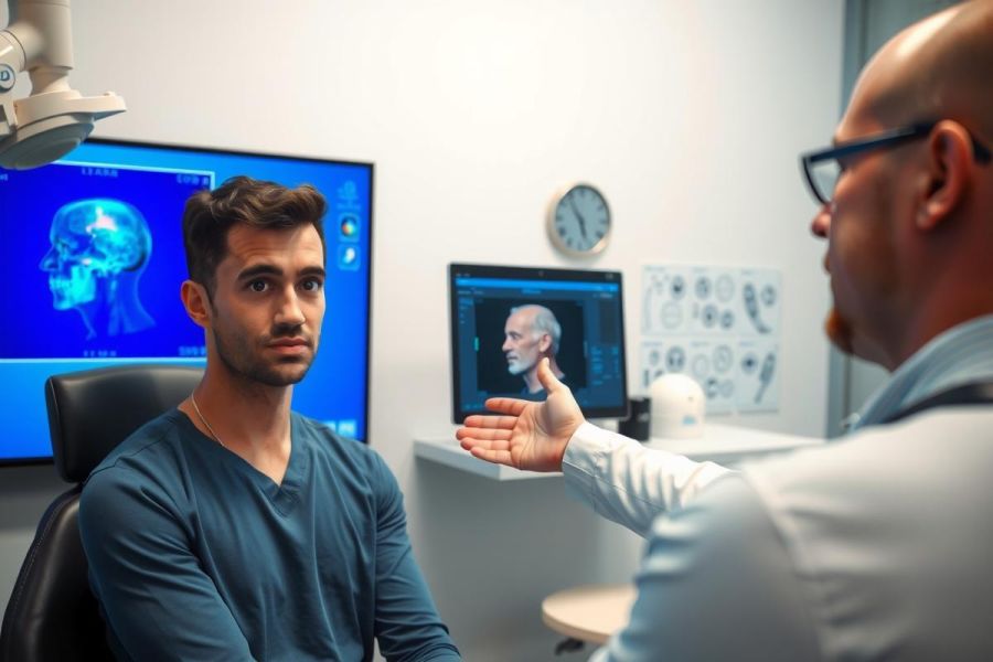 Doctor examining a patient in a clinic. Medical professional discussing diagnosis with concerned man. Blue shirt, medical equipment visible, diagnostic imaging on screen. Healthcare setting.