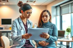 Doctor examining patient's chart in a modern office setting. Healthcare professional reviewing medical records with a concerned patient. Blue scrubs, natural light, medical office.