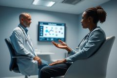 Doctor and healthcare professional discussing data in a modern medical office. A male doctor and female clinician are engaged in conversation, with a screen displaying medical charts visible in the background. Blue and grey tones create a professional atmosphere. Healthcare, medicine, consultation, data analysis.