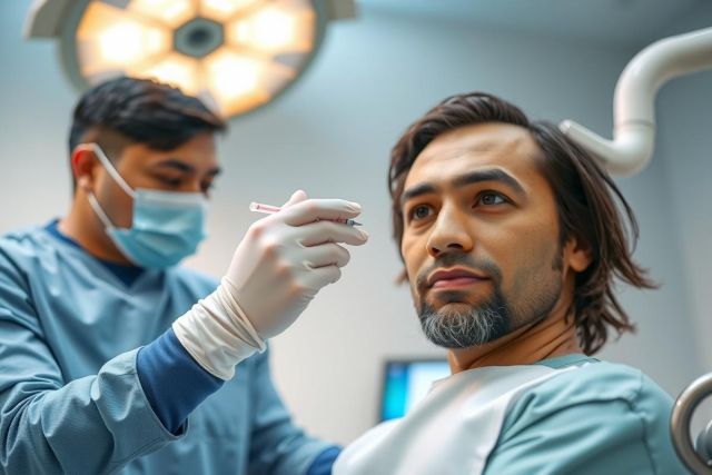 Medical examination. Doctor in scrubs and mask holds syringe near patient's face in a clinical setting. Blue tones dominate the scene, highlighting the professional medical environment.