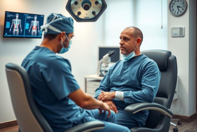 A medical professional in scrubs sits in a doctor's office. The image features a clinical environment with medical equipment and a focused, concerned expression on the doctor's face.