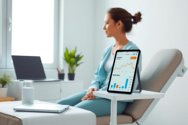 Woman sits on a sofa, reviewing data on a tablet. Bright, modern living room setting with a laptop and plant visible. Focus on productivity and data analysis in a comfortable home office environment.
