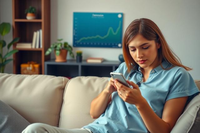 The image features a young woman relaxing on a couch, engrossed in her smartphone. She's wearing casual clothing and seems to be enjoying leisure time at home. The environment is modern with a neutral color palette, including shades of gray and beige from the furniture and interior decor. 