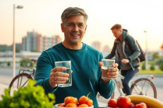 A man in a blue long sleeve shirt is smiling and holding out two clear glasses filled with water, seemingly offering them to someone not visible in the image. He is standing at a street corner with a backdrop of greenery and buildings that suggest an urban park setting. The photo captures a moment of generosity and healthfulness, possibly promoting the importance of staying hydrated or engaging in outdoor activities.