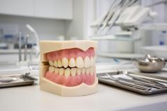 Acrylic denture model displayed on a dental clinic countertop with stainless dental instruments nearby.
