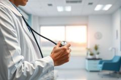 Healthcare professional in a white coat holding a stethoscope in a modern clinic setting. Warm sunlight streams through the windows, creating a calming atmosphere. Focus on medical examination and patient care.
